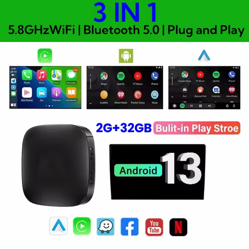 New Smart Carplay Ai Box Android 13 TV Box Wifi Wireless Android Auto Built-In Play Store for Netflixs and youtube so you can watch on road trips