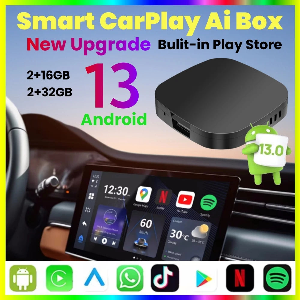 New Smart Carplay Ai Box Android 13 TV Box Wifi Wireless Android Auto Built-In Play Store for Netflixs and youtube so you can watch on road trips